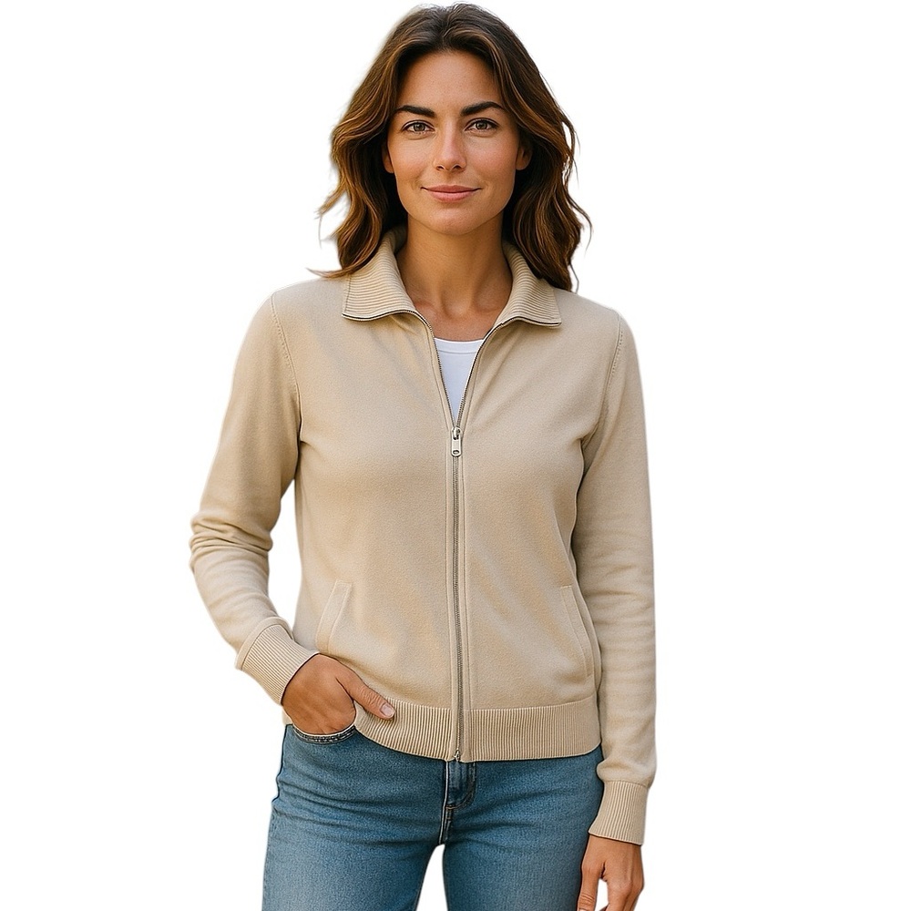 Eddie Bauer Sweater Cardigan Women's Beige Full Zip Knit Medium Baumwolle Top
